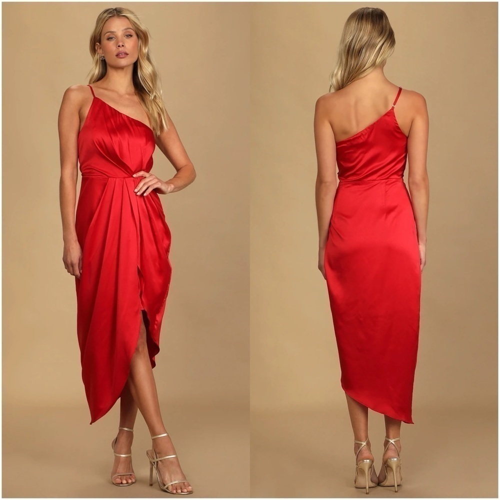 LULU’S Law Of Attraction Red Satin One Shoulder Asymmetrical Midi Dress